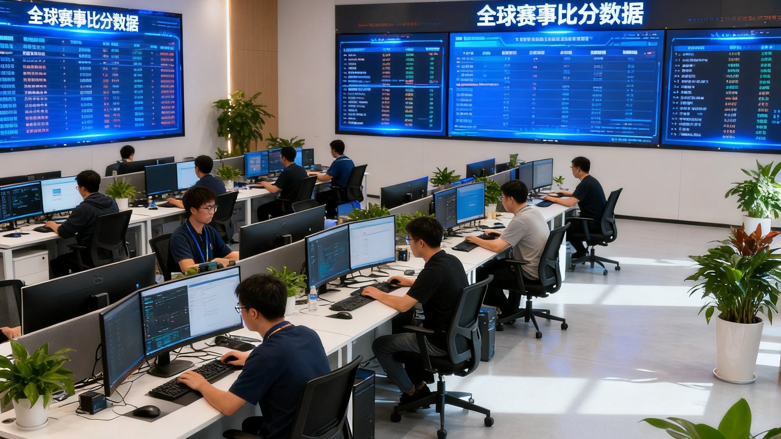 球探体育北京望京总部开放式办公区全景，数十位工程师在显示器前专注工作，墙上多块大屏幕实时滚动全球赛事比分数据